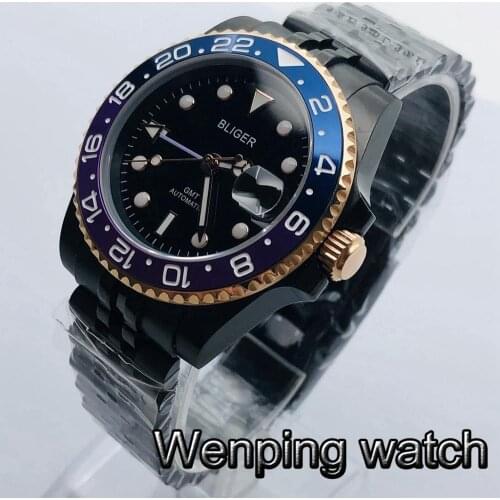 40mm Bliger New Mens Top Luxury Business GMT Mechanical Watch Black PVD Case Sapphire Glass Date Mens Automatic Watch