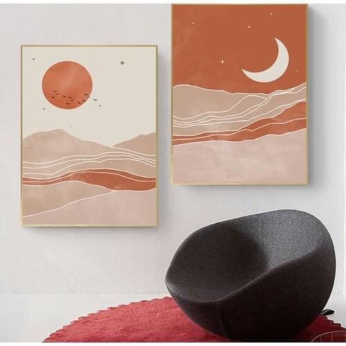 Abstract Minimalist Canvas Prints Sun and Moon Scene Boho Canvas Prints Line Wall Art Painting Pictures for Living Room Decor
