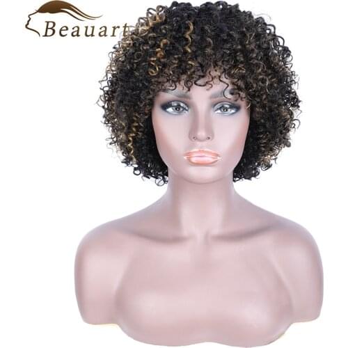 Beauart 100% Human Hair Bob Cut Full Wigs For Black Women 12"Short Natural Curls Wig With Bangs Ombre Brown Curly Machine Wigs