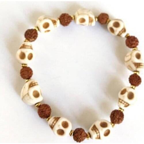 8mm Rudraksha white Carved skull Howlite Mala bracelet Cuff Healing Monk Chakras Buddhism Unisex 7.5inches Pray Reiki Bead