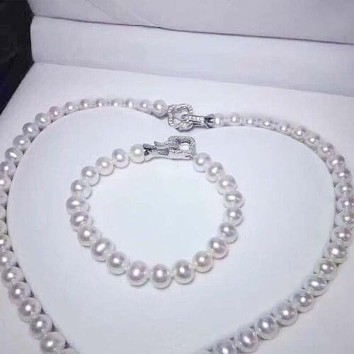 Free shipping Jewelry 9-10mm natural sea white pearl necklace bracelet micro inlay zircon crystal
