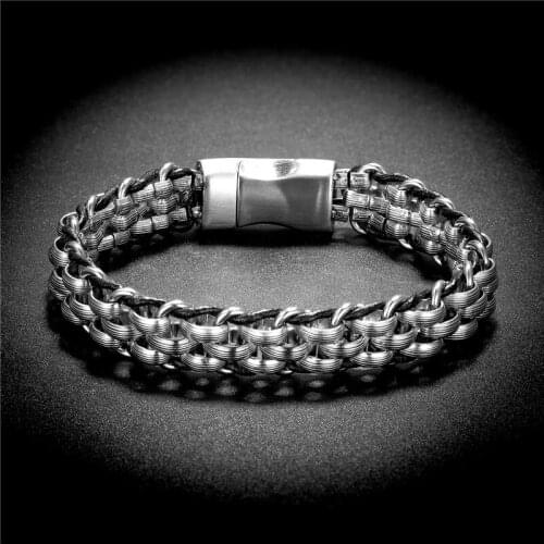 Vintage Punk Style Mens Bracelet Trend Jewelry Leather Stainless Steel Wire Braided Chain Bracelets for Men Male Birthday Gifts