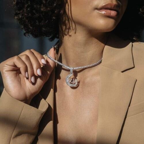 New High Quality Sparking Cubic Zirconia Jewelry Iced Out Bling 3MM CZ Tennis Box Chain Crescent Moon Allah Necklace For Women
