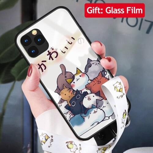 For iphone 11 pro max 6.5 6.1 Tempered glass Cases protection cute animal cat phone cases for iphone 11 pro glass shell cover