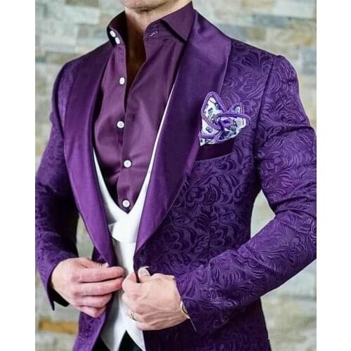 2020 Formal Mens Purple Smoking Jacket Tuxedos Slim Fit Jacquard groomsmen Wedding Suits For Men Groom Dress 3 Pieces Prom Suits