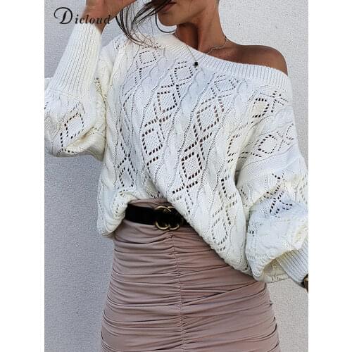 DICLOUD White Pullovers Woman Knitted Round Neck Long Sleeve Sweater Elegant Hollow Blue New Fashion Lady Autumn Jumpers 2021