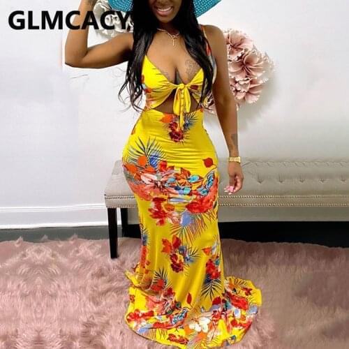 Women Spaghetti Strap Floral Printed Bodycon Maxi Dress