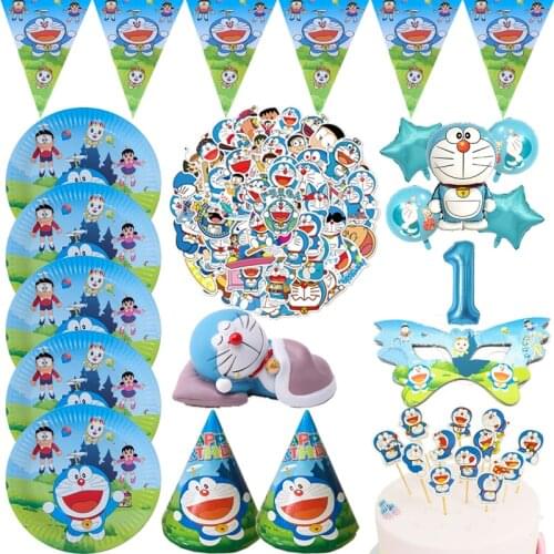 Doraemon Theme Birthday Party Decoration Disposable Tableware Paper Cup Plate Hat Cake Flag Balloon Baby Shower Supplies