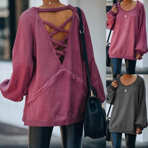 Casual Backless Women T-Shirts Spring Autumn Back Cross Straps Hollow Out Pullover Tops Sexy V Neck Long Sleeve Solid Loose Tees