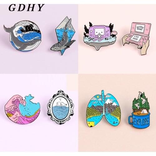 GDHY Brooches Handheld Game'GAME OVER',Drifting Bottle,'EXPLORE'Forest Lung, Whale and Ocean Enamel Pins Lapel Jewelry Gift Kids