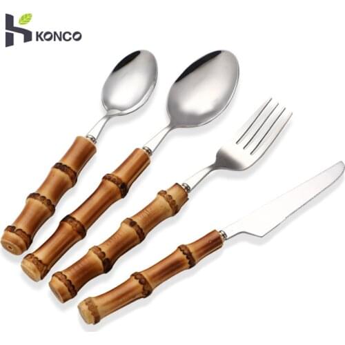 Konco Stainless Steel Tableware Wood Handle Dinnerware Western Food Dessert Tableware Knife Fork Spoon Cutlery