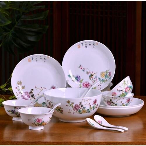 Bowl and dish set for 4 people to eat Jingdezhen Chinese simple bone china tableware set soup, bowl, plate and spoon