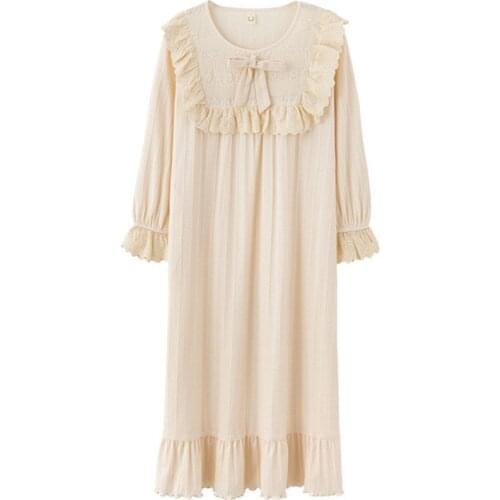 Spring Autumn Nightgowns Women New Cotton Long Sleeve Nightdress Sweet Bow Ladies Nightshirt Loose Plus Size Sleepwear Dress