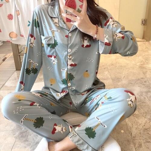 Wholesale 2020 Womens Comfortable Milk Silk Pajamas Sets Girl Print Pyjama Set Long Sleeve Sleepwear Suit Women Nightshirt Sets