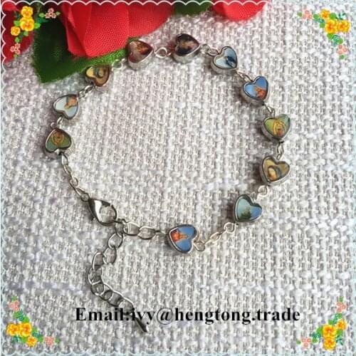 Wholsale free ship fancy metal heart beads catholic bracelet, exquisite religious bracelets double side saint sticker with epoxy