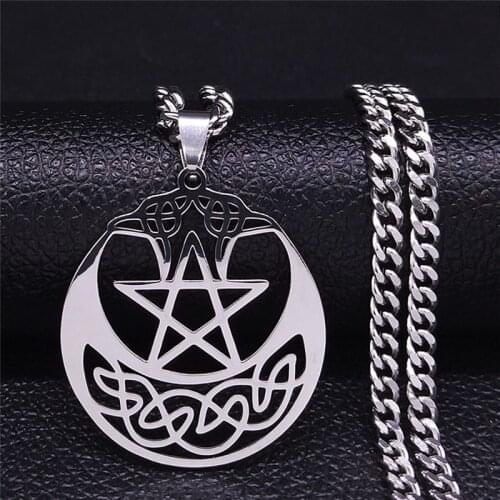 Viking Pattern Pentagram Moon Statement Necklace Women/Men Silver Color Stainless Steel Necklace Jewelry collier homme N3084S05