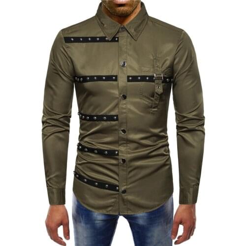 New Mens Button Up Shirt Vintage Rivet Stripe Lapel Collared Long Sleeve Slim Shirts Streetwear Man Gothic Evening Dress Shirt