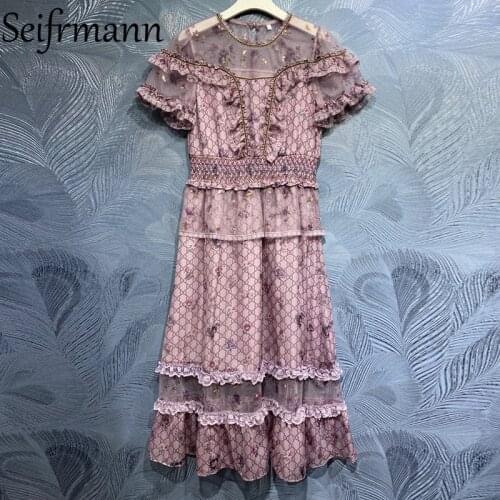 Seifrmann New 2021 Summer Women Fashion Designer Party Midi Dress Short Sleeve Ruffles Lace Elastic Waist Floral Printed Dresses