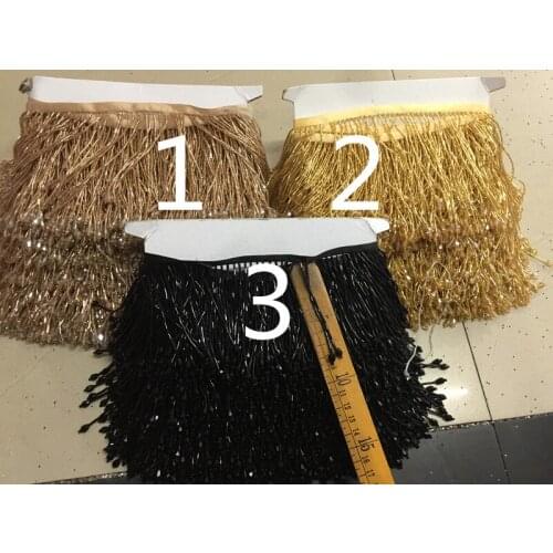 Yy066# 10 yards gold/dark gold/black 9-10 cm width glass beads silk ribbon fringe tassel for wedding dress /garment/decorative