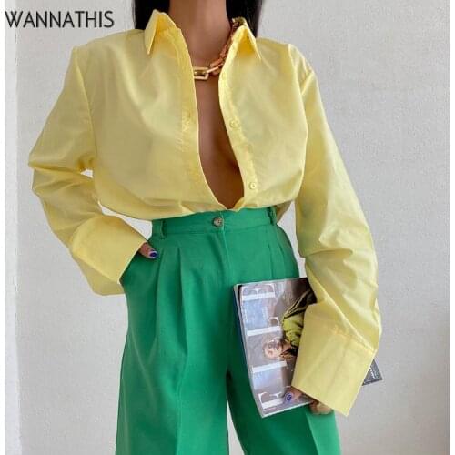 WannaThis Button Long Sleeve Solid Turn-down Collar Womens T-shirts Minimalist Sexy Top Fashion Female Cloth Elegant Streetwear
