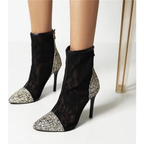 YMECHIC Sexy Sequins Mesh Lace Splicing Sword Thin Heel Ankle Boots Women Summer Autumn 2021 Print High Heels Shoes Big Size 45