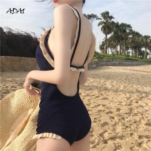 Korean One Piece Swimwear Cute Swimsuit Women Patchwork Swimming Suit Female Monokini Bodysuit Backless Beach Bathing Suit Swim