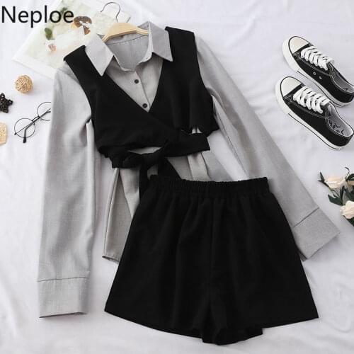 Neploe 2021 Spring 3PCS Sets Women Long Sleeve Blouse Shirt + Bandage Bowknot Vest + Leisure Shorts Fashion Elegant Suits 57233