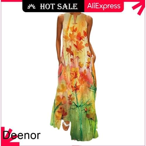 Deenor V Neck Butterfly Printed Dresses Elegant Ladys Dress Sleeveless Long Dress 2021 Casual Beach Women Summer Dress