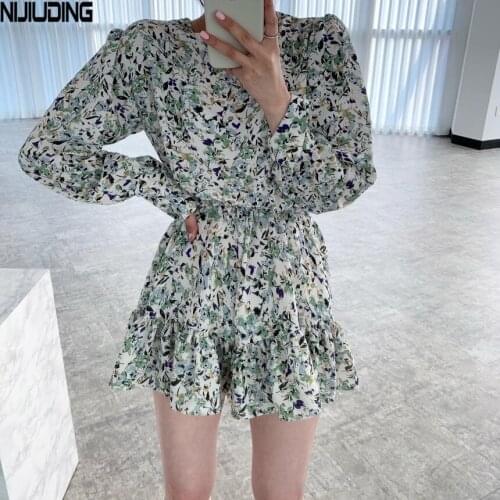 Retro Floral Printed Women Chiffon Dresses 2021 Spring Long Sleeve O-Neck Elastic Waist Sexy Short Mini Dress Mujer Vestidos New