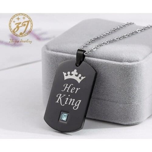 Zhiajia Black Gold Necklaces & Pendants Her King and His Queen Titanium Couple Necklace Stainless Steel Pendant Gifts