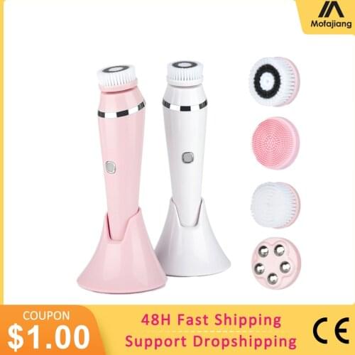 4 in 1 Electric Facial Cleansing Brushes Face Massager Silicone Rechargeable Sonic Roller Blackhead Remover Pore Cleaner