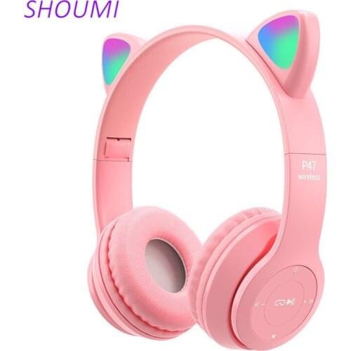 Wireless Headphones Cute Cat Ear Flashing LED Light Effect Bluetooth Headset Stereo with Microphone TF FM Video Online Classes