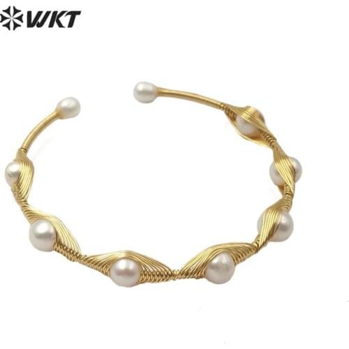 WT-B502 WKT Wire Wrapped Pearl Bangle Round Pearl Gold Electroplated Bracelet Charm Women Vintage Pearl Bracelets Jewelry