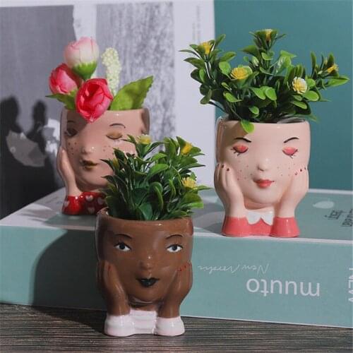 Human Face Ceramic Flower Pot Creative Cute Face Vase Sculpture Crafts Succulents Mini Flowerpot Home Garden Decoration Ornament