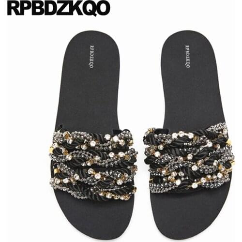 Rhinestone Shoes Jewel Women Sandals Flat Summer 2018 Slip On Slippers Soft Wide Fit Slides Diamond Crystal Big Size Open Toe