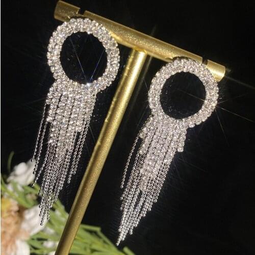 European Style Exaggerated Long Crystal Sparkly Eardrop Tassel Eardrop S925 Silver Needle Drop Earrings Wedding Accessories