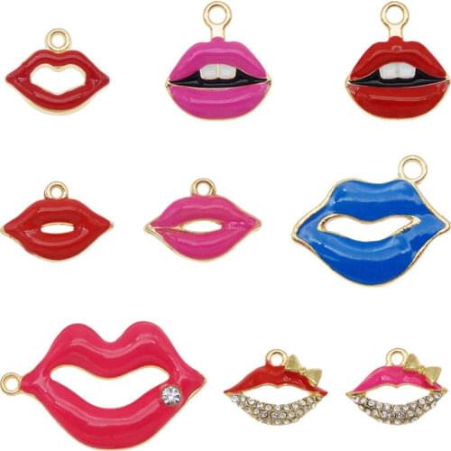 Julie Wang 9PCS Enamel Women Lip Charms Mixed Styles Alloy Gold Tone Necklace Bracelet Jewelry Making Accessory