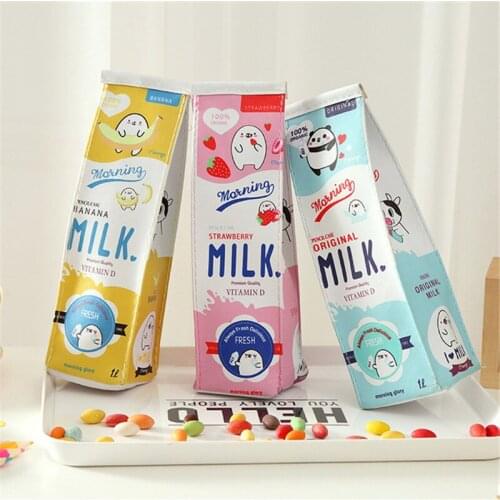 Kawaii Creative Milk Shape Pencil Case School Stationery Supplies Pu Leather Pencils Pouch Bag Large Capacity Large Pencil Box