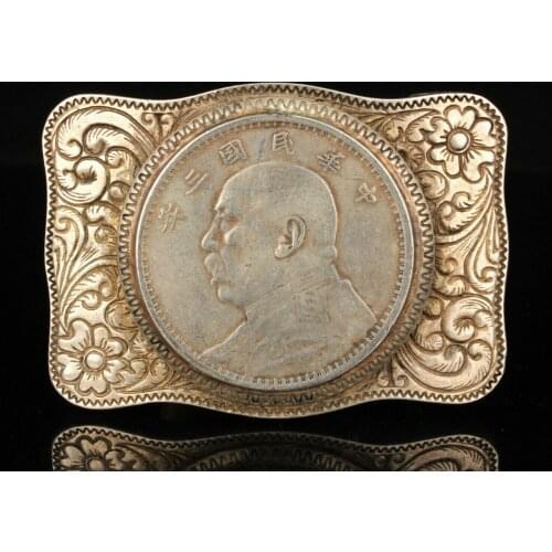 Chinese Old Handmade Hollow Out Inlay“Yuan big head”Tibetan Silver Belt Buckle