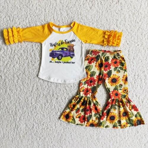 Fashion Children Winter Long Sleeve Cow Heifer Mustard Top Bell Pants Set Baby Grils Car and Sunflowers Print Outfits