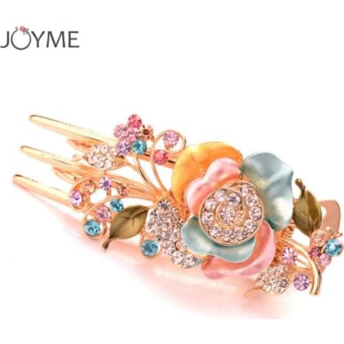 New Enamel Flowers Rhinestone Crystal Gold-color Hair Clip Girls Barrette Big Hairpin Wedding Accessories Hair Jewelry For Women