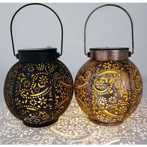 Hanging Solar Lanterns Retro Hollow Solar Lights with Handle Outdoor Solar Garden Lights Decor for Yard Tree Fence Patio Bronze