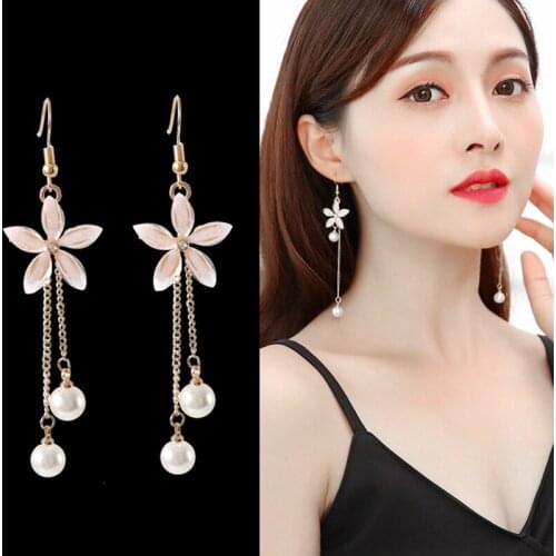 New Imitation Pearl Dangle Earrings Crystal Pink Flower Earrings for Women Statement Ear Jewelry Wholesale Gifts