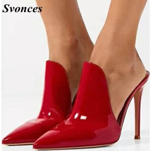 Chic Red Patent Leather Super High Heels Women Slides Pointed Toe Slippers Women Summer Party Shoes Stiletto Thin Heel Mules