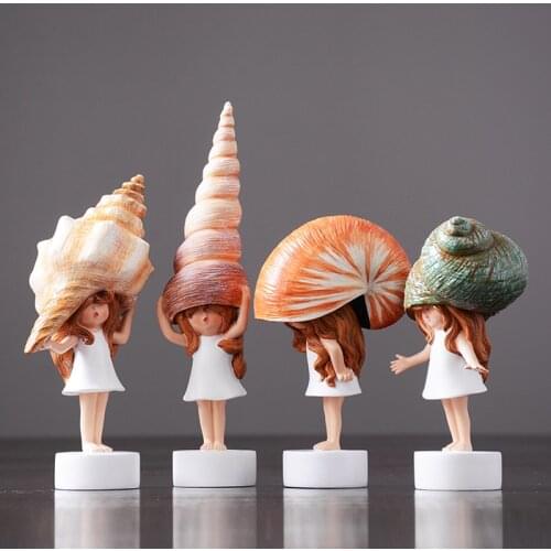 Modern Cute Conch Nautilus Girl Decoration Resin Home Decoration Accessories Bedroom Desktop Children Decor Girl Statue Sculptur