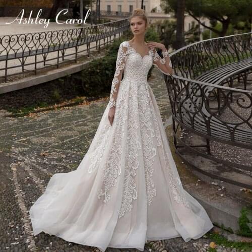 Ashley Carol A-Line Wedding Dress 2021 Glamorous Sweetheart Long Sleeve Bride Beaded Appliques Vintage Princess Bridal Gowns