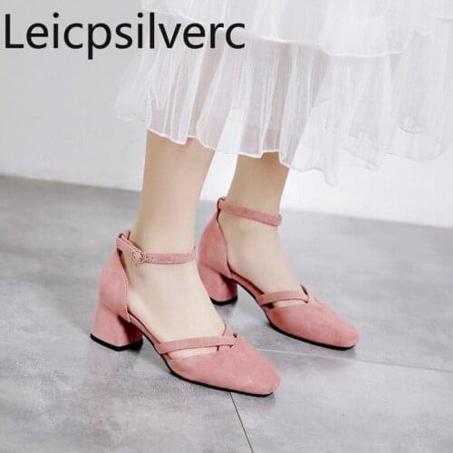 Pumps Spring and autumn new style Flock Square head Shallow mouth Buckle Thick heel mid heel Womens shoe plus size 31-43