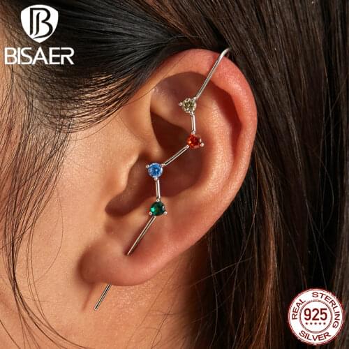 BISAER 1pcs Drop Earrings 925 Sterling Silver Fashion Personality Ear Clip Colorful Zircon Tassel Earrings For Women Gift EFE530