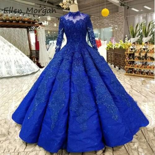 Royal Blue Long Sleeves Ball Gowns Evening Dresses 2020 Arabic High Neck Lace Colorful Muslim Event Formal Prom Party for Women