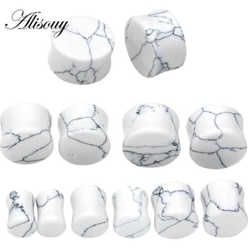 Alisouy 1 pair Stone Ear Plugs Tunnels Piercings Gauges Ear Expanders Double Flared White Stone Ear Plugs Piercing Body Jewelry